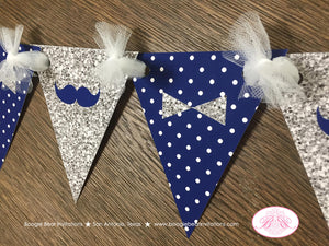 Mr. Wonderful Birthday Party Banner Pennant Garland Boy Navy Blue Silver White Onederful Bow Tie Mustache Boogie Bear Invitations Odin Theme