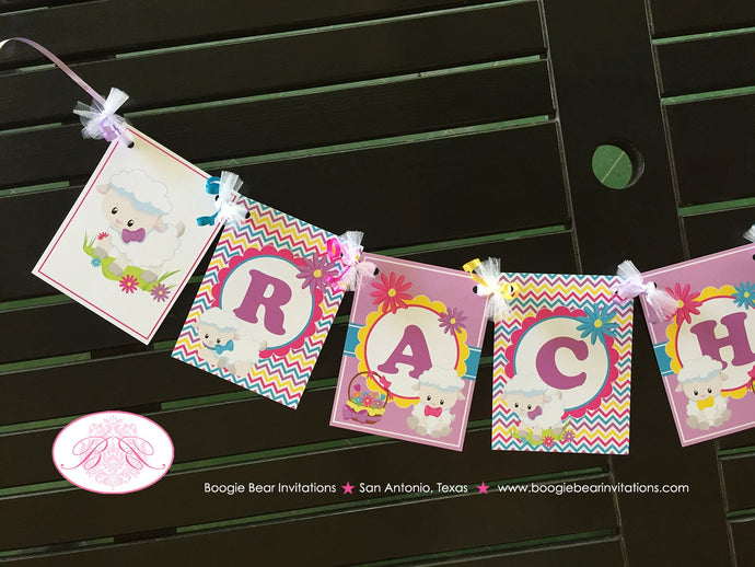 Spring Lambs Birthday Party Name Banner Sheep Girl Easter Pink Yellow Purple Flower Garden Spring Boogie Bear Invitations Rachel Theme