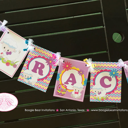 Spring Lambs Birthday Party Name Banner Sheep Girl Easter Pink Yellow Purple Flower Garden Spring Boogie Bear Invitations Rachel Theme