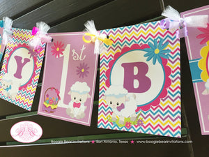 Spring Lambs Happy Birthday Party Banner Easter Sheep Girl Pink Yellow Purple Pastel Little Sheep Boogie Bear Invitations Rachel Theme