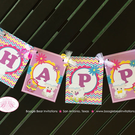 Spring Lambs Happy Birthday Party Banner Easter Sheep Girl Pink Yellow Purple Pastel Little Sheep Boogie Bear Invitations Rachel Theme