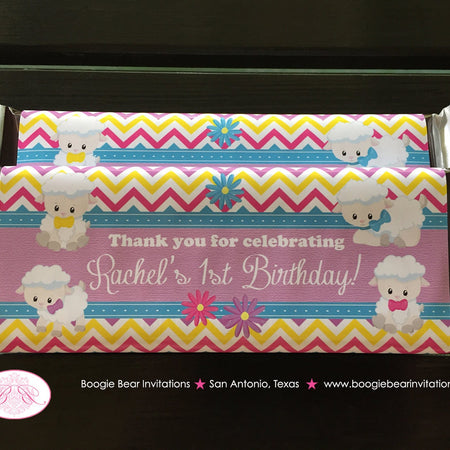 Spring Lambs Birthday Party Candy Bar Wraps Wrappers Sticker Sheep Girl Easter Pink Yellow Purple Blue Boogie Bear Invitations Rachel Theme