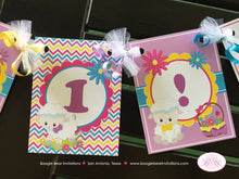 Load image into Gallery viewer, Spring Lambs Birthday Party I am 1 Banner Highchair Easter Sheep Girl Pink Yellow Purple Garden Picnic Boogie Bear Invitations Rachel Theme