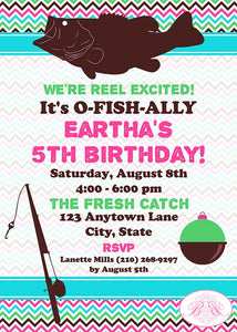 Bass Fish Fishing Birthday Party Invitation Pink Girl Rustic Lake Fly Pole Boogie Bear Invitations Eartha Theme Paperless Printable Printed