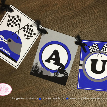Dirt Bike Birthday Party Name Banner Blue Black Grey Boy Girl Enduro Motocross Racing Motorcycle Sport Boogie Bear Invitations Austin Theme