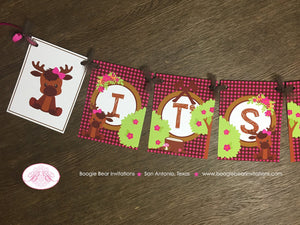 Girl Moose It's a Girl Baby Shower Party Banner Welcome Pink Forest Woodland Animals Calf Plaid 1st Boogie Bear Invitations Viviana Theme