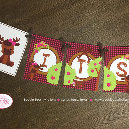 Girl Moose It's a Girl Baby Shower Party Banner Welcome Pink Forest Woodland Animals Calf Plaid 1st Boogie Bear Invitations Viviana Theme
