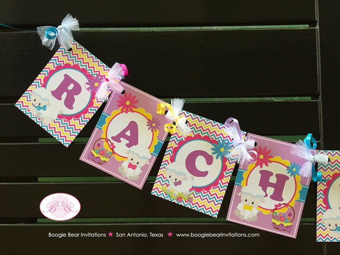 Spring Lambs Birthday Banner Party Small Sheep Easter Flower Garden Picnic Pink Yellow Blue Purple Girl Boogie Bear Invitations Rachel Theme