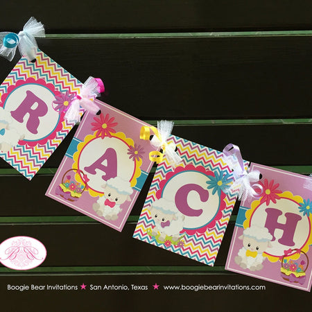 Spring Lambs Birthday Banner Party Small Sheep Easter Flower Garden Picnic Pink Yellow Blue Purple Girl Boogie Bear Invitations Rachel Theme