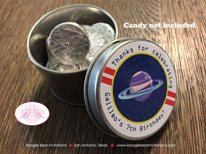 Outer Space Birthday Party Treat Favor Tins Circle Gift Box Candy Planets Solar System Galaxy Stars Boogie Bear Invitations Galileo Theme