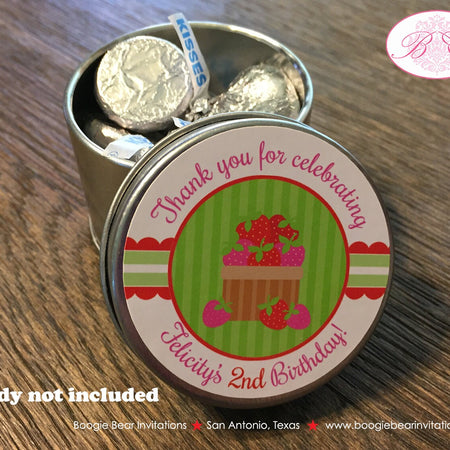 Strawberry Birthday Party Treat Favor Tins Circle Candy Girl Pink Red Green Sweet Strawberries Berry Boogie Bear Invitations Felicity Theme