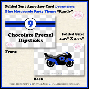 Motorcycle Birthday Party Favor Card Tent Appetizer Blue Motocross Enduro Bike Racing Race Track Boogie Bear Invitations Randy Theme Printed