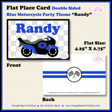 Load image into Gallery viewer, Motorcycle Birthday Party Favor Card Tent Appetizer Blue Motocross Enduro Bike Racing Race Track Boogie Bear Invitations Randy Theme Printed