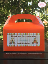 Load image into Gallery viewer, Sock Monkey Birthday Party Treat Boxes Favor Girl Boy Stripe Little Umbrella Wagon Orange Green Blue Boogie Bear Invitations Teagan Theme