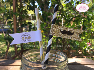 Mr. Wonderful Birthday Party Pennant Paper Straws 1st ONE Onederful Bow Tie Black White Gold Beverage Boogie Bear Invitations Owen Theme
