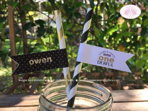 Mr. Wonderful Birthday Party Pennant Paper Straws 1st ONE Onederful Bow Tie Black White Gold Beverage Boogie Bear Invitations Owen Theme
