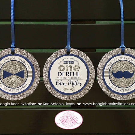 Mr. Wonderful Party Favor Tags Birthday Pennant Thank You Gift 1st ONE Onederful Bow Tie Navy Blue Silver Boogie Bear Invitations Odin Theme