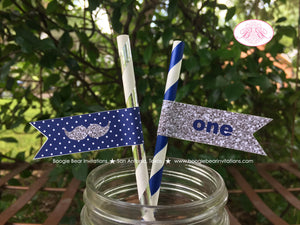 Mr. Wonderful Party Birthday Paper Straws Pennant 1st ONE Onederful Bow Tie Navy Blue Silver Grey Gray Boogie Bear Invitations Odin Theme
