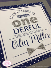 Load image into Gallery viewer, Mr. Wonderful Birthday Party Door Banner 1st ONE Onederful Little Man Bow Tie Navy Blue Silver White Grey Boogie Bear Invitations Odin Theme
