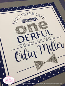 Mr. Wonderful Birthday Party Door Banner 1st ONE Onederful Little Man Bow Tie Navy Blue Silver White Grey Boogie Bear Invitations Odin Theme