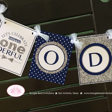 Mr. Wonderful Birthday Party Banner Bow Tie Little Man Onederful Polka Dot Navy Blue White Silver ONE 1st Boogie Bear Invitations Odin Theme