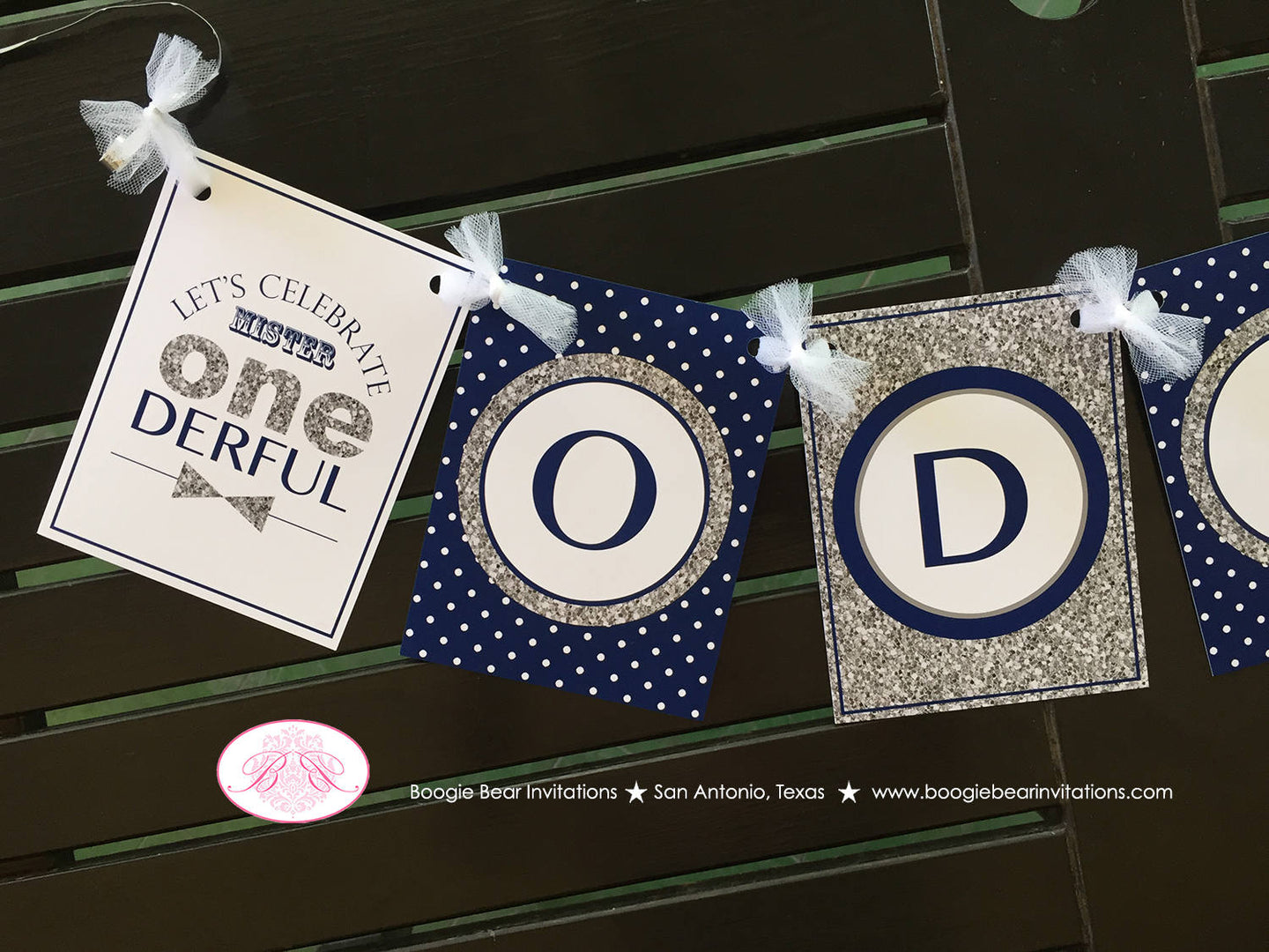 Mr. Wonderful Birthday Party Banner Bow Tie Little Man Onederful Polka Dot Navy Blue White Silver ONE 1st Boogie Bear Invitations Odin Theme