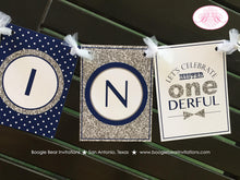 Load image into Gallery viewer, Mr. Wonderful Birthday Party Banner Bow Tie Little Man Onederful Polka Dot Navy Blue White Silver ONE 1st Boogie Bear Invitations Odin Theme