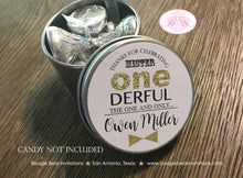 Load image into Gallery viewer, Mr Wonderful Birthday Party Treat Favor Tins Circle Candy Bow Tie Mustache Boy Onederful Black Gold 1st Boogie Bear Invitations Owen Theme