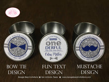 Load image into Gallery viewer, Mr Wonderful Birthday Party Treat Favor Tins Circle Candy Bow Tie Mustache Boy Onederful Navy Silver 1st Boogie Bear Invitations Odin Theme