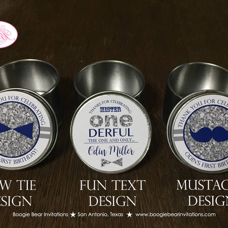 Mr Wonderful Birthday Party Treat Favor Tins Circle Candy Bow Tie Mustache Boy Onederful Navy Silver 1st Boogie Bear Invitations Odin Theme