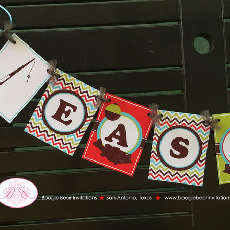 Bass Fish Fishing Birthday Party Banner Girl Boy Red Green Brown Aqua Blue Rod Reel Pole Hiking Camping Boogie Bear Invitations Easton Theme