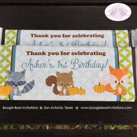 Woodland Animals Birthday Party Candy Bar Wraps Sticker Wrappers Fall Boy Girl Pumpkin Tree Thanksgiving Boogie Bear Invitations Asher Theme