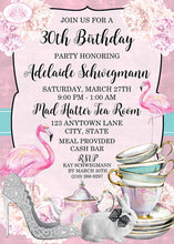 Load image into Gallery viewer, Mad Hatter Tea Birthday Party Invitation Pink Flamingo Alice Wonderland Boogie Bear Invitations Adelaide Theme Paperless Printable Printed