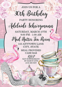 Mad Hatter Tea Birthday Party Invitation Pink Flamingo Alice Wonderland Boogie Bear Invitations Adelaide Theme Paperless Printable Printed