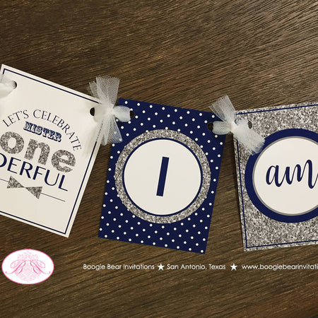 Mr. Wonderful Highchair I am 1 Banner Birthday Party Bow Tie Boy Navy Blue Silver White Onederful ONE 1st Boogie Bear Invitations Odin Theme