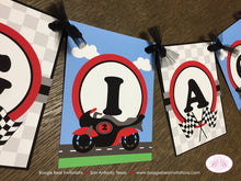 Load image into Gallery viewer, Motorcycle Name Birthday Party Banner Black Red Grey Boy Girl 1st 2nd 3rd 4th 5th 6th 7th 8th 9th 10th Boogie Bear Invitations Giacomo Theme