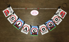 Load image into Gallery viewer, Motorcycle Name Birthday Party Banner Black Red Grey Boy Girl 1st 2nd 3rd 4th 5th 6th 7th 8th 9th 10th Boogie Bear Invitations Giacomo Theme
