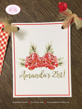 Load image into Gallery viewer, Red Gold BBQ Birthday Party Name Banner Flower Glitter Gingham Flowers Christmas Holiday 1st 21st 30th Boogie Bear Invitations Amanda Theme