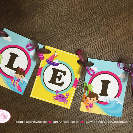 Surfer Girl Birthday Party Banner Pool Small Name Age Beach Pink Surf Surfing Swimming Swim Pool Ocean Boogie Bear Invitations Leilani Theme