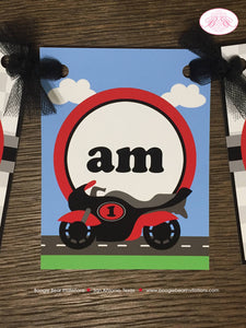 Motorcycle Birthday I am 1 Highchair Banner Party Red Black Track Driver Speed Racing Stripe Boy 1st Boogie Bear Invitations Giacomo Theme