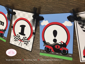 Motorcycle Birthday I am 1 Highchair Banner Party Red Black Track Driver Speed Racing Stripe Boy 1st Boogie Bear Invitations Giacomo Theme