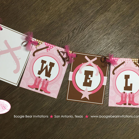 Pink Cowgirl Welcome Baby Banner Shower Party Gunslinger Boots Lone Star Pistol Gun Paisley Cow Gingham Boogie Bear Invitations Sherie Theme