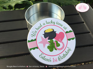 Lucky Charm Birthday Cookie Favor Tins Treat Candy Party Pink Green Gift St. Patrick's Day Shamrock Kid Boogie Bear Invitations Eileen Theme