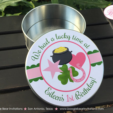 Lucky Charm Birthday Cookie Favor Tins Treat Candy Party Pink Green Gift St. Patrick's Day Shamrock Kid Boogie Bear Invitations Eileen Theme