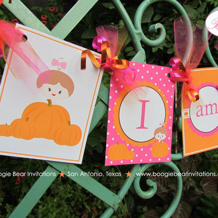 Little Pink Pumpkin I am 1 Party Banner Highchair Birthday Fall Orange Dot Harvest Welcome Farm ONE 1st Boogie Bear Invitations Chloe Theme