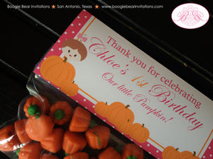Pink Pumpkin Birthday Party Treat Bag Toppers Folded Tag Favor Orange Girl Farm Barn Fall Autumn Country Boogie Bear Invitations Chloe Theme