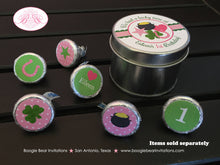 Load image into Gallery viewer, Lucky Charm Birthday Party Treat Favor Tins Circle Gift Box Candy Pink Green St. Patrick&#39;s Day Shamrock Boogie Bear Invitations Eileen Theme