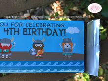 Load image into Gallery viewer, Viking Birthday Party Candy Bar Wraps Wrappers Sticker Warrior Boy Girl Red Blue Ship Swim Swimming Boat Boogie Bear Invitations Eric Theme