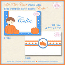 Load image into Gallery viewer, Blue Pumpkin Birthday Favor Party Card Tent Place Little Orange Autumn Boy Fall Barn Country Kid Boogie Bear Invitations Colin Theme Printed