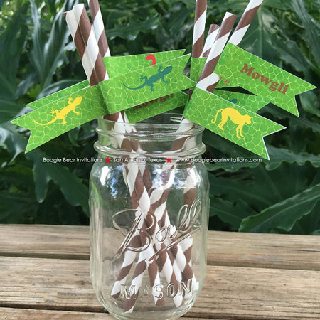 Rainforest Birthday Party Pennant Straws Paper Girl Boy Rain Forest Reptile Amazon Jungle Wild Zoo Red Boogie Bear Invitations Mowgli Theme